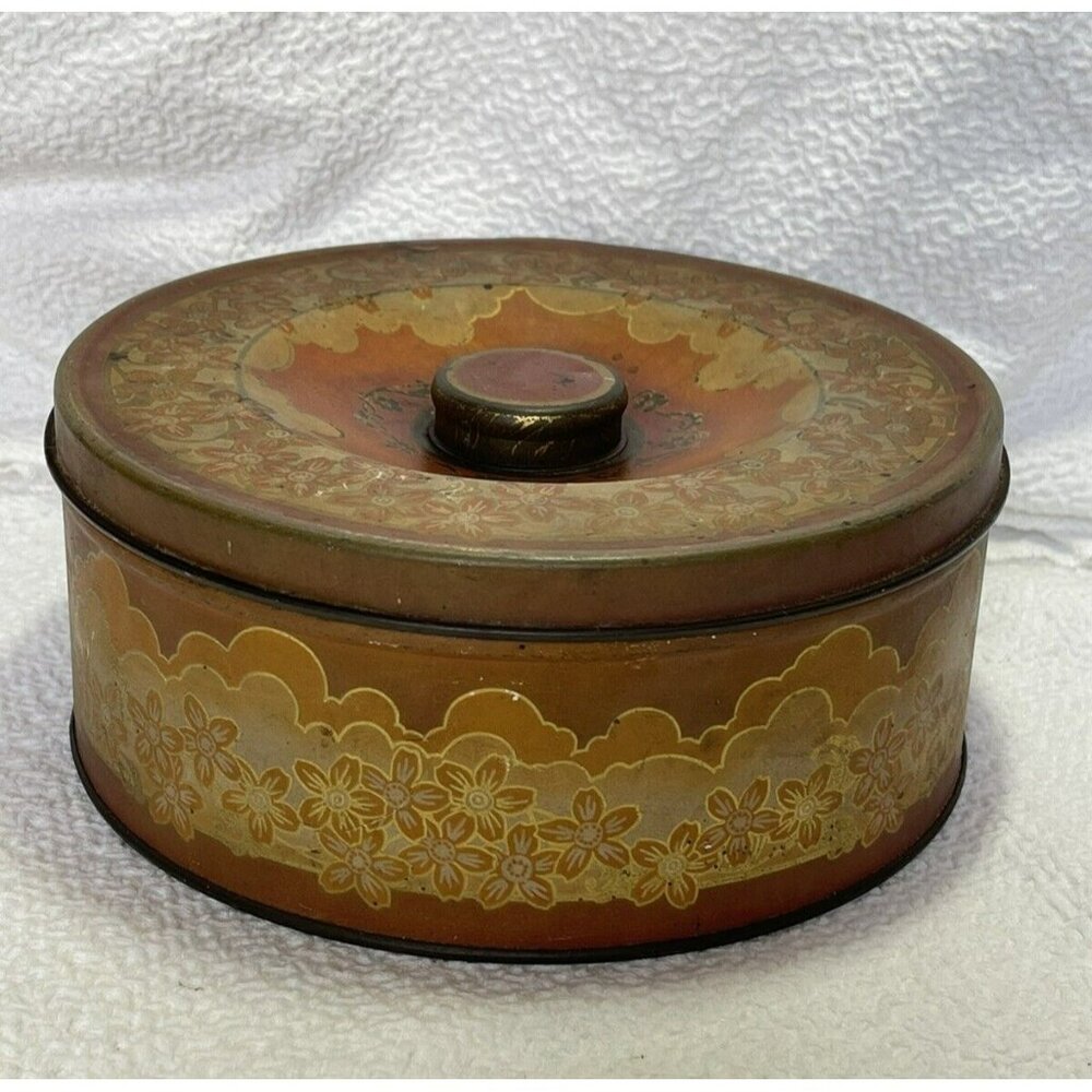 Nabisco Uneeda Round Red Tin with Flowers and Gold Accents Vintage